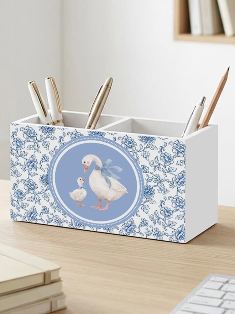 White and Blue Duck Pattern Wooden Desk Organizer